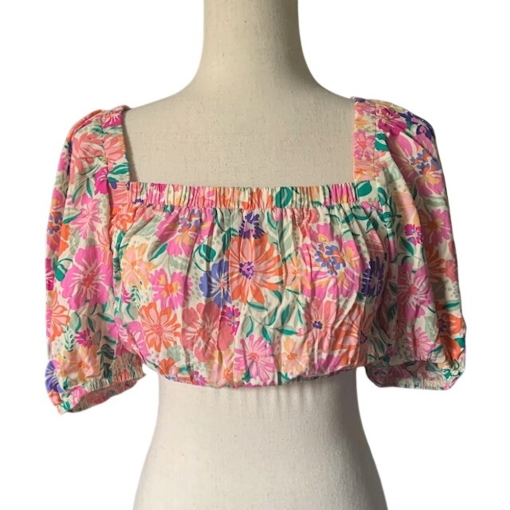 Floral Puff Sleeve Crop Top S Cottagecore Milkmaid Peasant Coquette Boho Rayon
